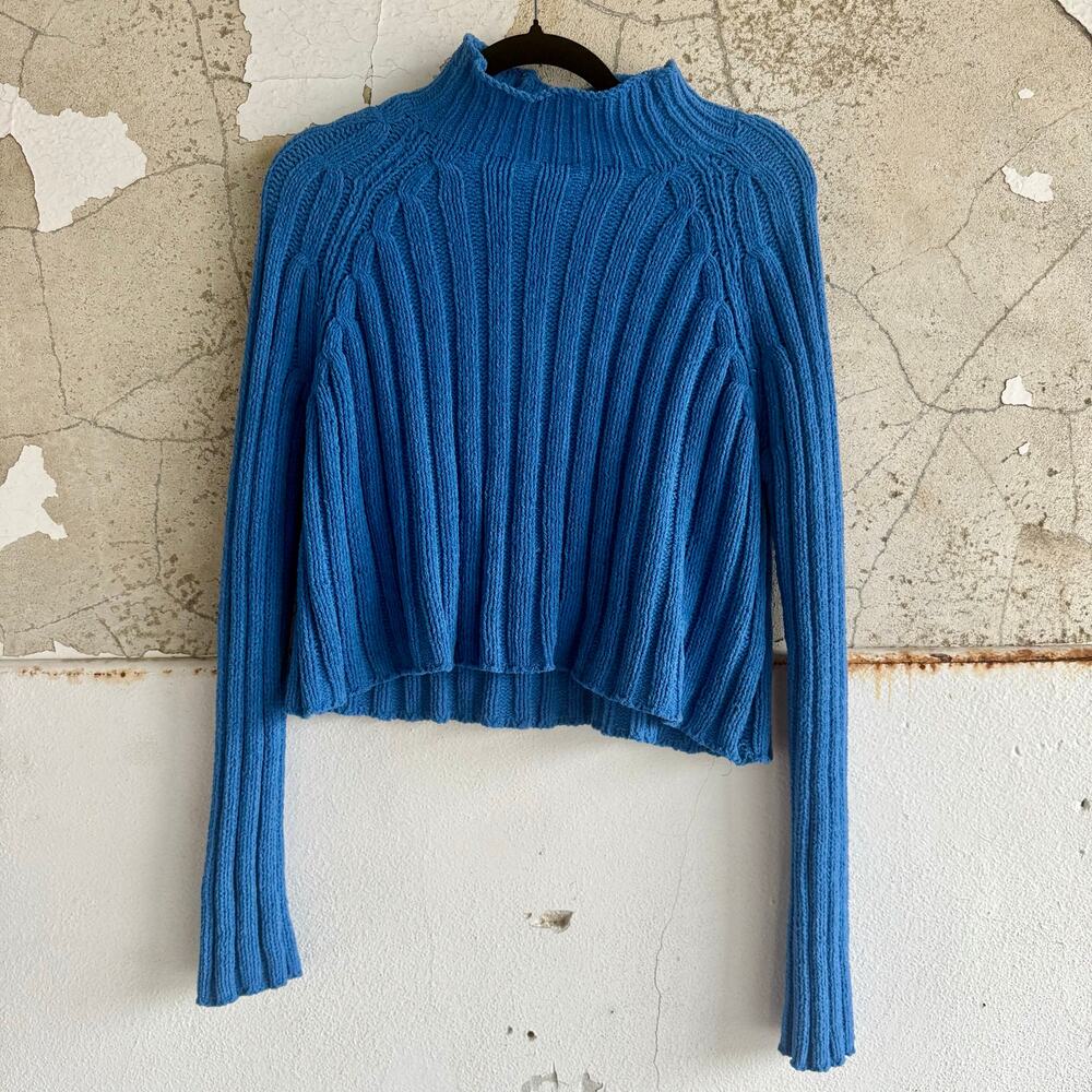 American Eagle Sweater‎ Blue Cropped Pullover Ribbed Knit Mock Neck Top Womens S
